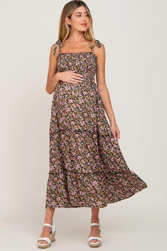 Black Multi-Color Floral Sleeveless Tiered Maternity Maxi Dress Trendy Button Front Maxi Dress