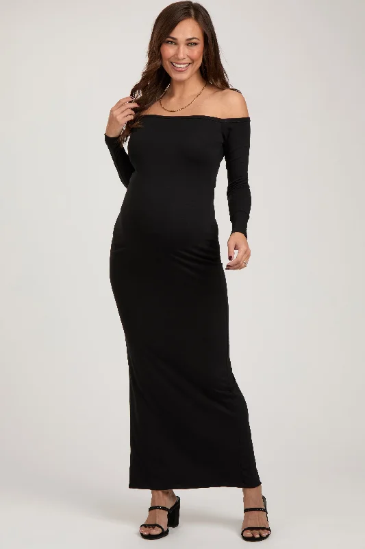 Black Off Shoulder Long Sleeve Maternity Maxi Dress Cozy Open-Back Maxi Dress