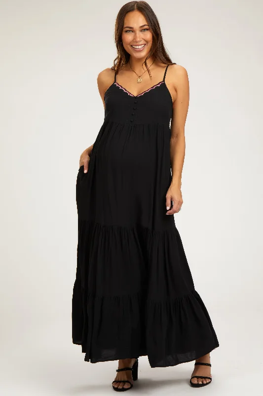 Black Scalloped Embroidered Neckline Maternity Maxi Dress Comfortable Plunging Neckline Maxi Dress