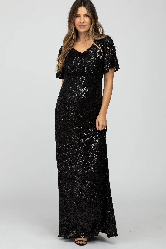 Black Sequin Short Sleeve Maternity Maxi Dress Classic Strapless Maxi Dress