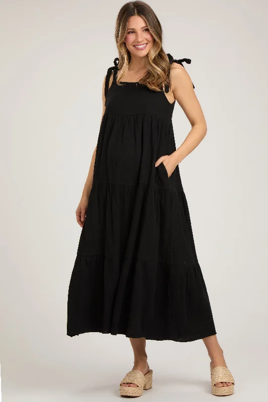 Black Sleeveless Tiered Maternity Maxi Dress Fashionable Chiffon Tiered Maxi Dress