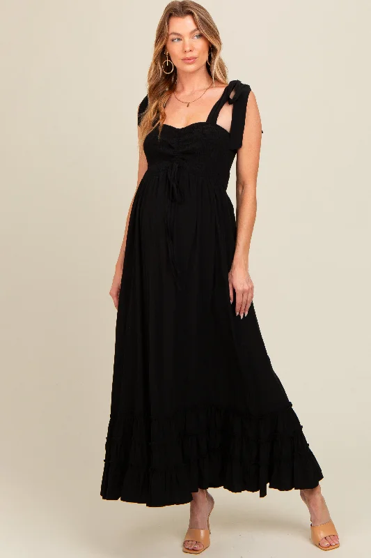 Black Sweetheart Neck Smocked Shoulder Tie Maternity Maxi Dress Cozy Ruffle Sleeve Maxi Dress