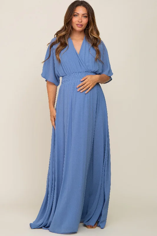 Blue Chiffon V-Neck Smocked Waist Maternity Maxi Dress Fashionable Sleeveless Maxi Dress