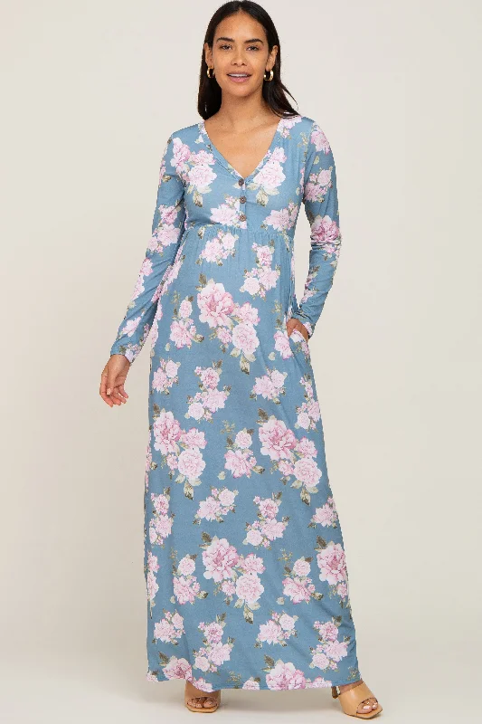 Blue Floral Button Front Maternity Maxi Dress Fashionable Sleeveless Maxi Dress