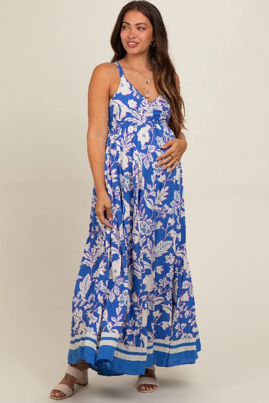 Blue Floral Cutout Back Tie Maternity Maxi Dress Elegant Sleeveless Maxi Dress