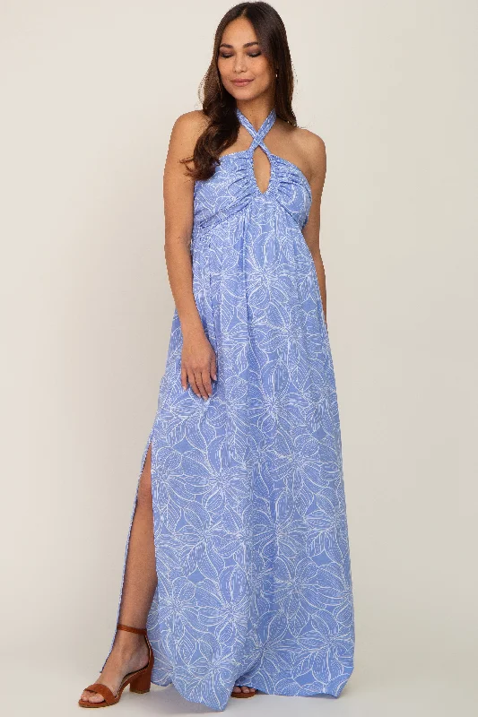 Blue Floral Halter Neck Maternity Maxi Dress Cozy Maxi Dress with Slit