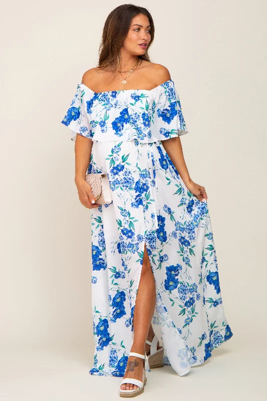 Blue Floral Overlay Off-Shoulder Side Slit Maternity Maxi Dress Cozy Open-Back Maxi Dress