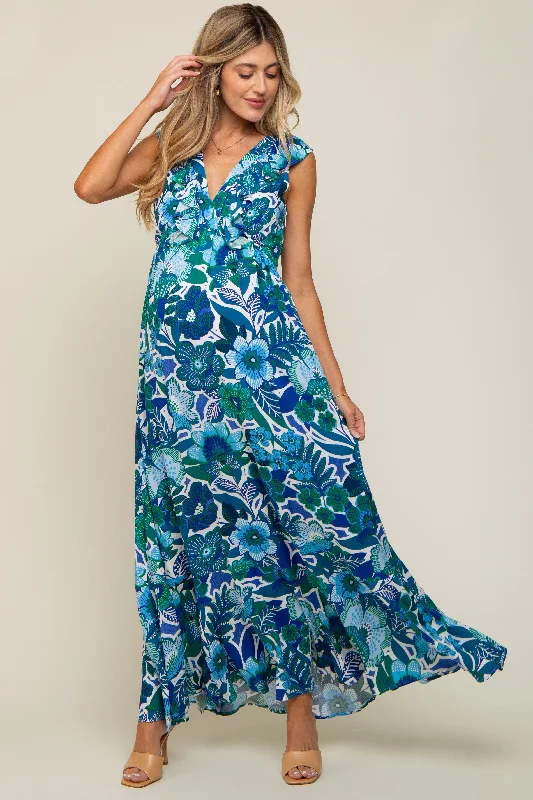 Blue Floral Ruffle Accent Sleeveless Maternity Maxi Dress Stylish Maxi Dress with Frills