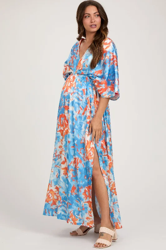 Blue Floral Satin V-Neck Maternity Maxi Dress Chic Summer Floral Maxi Dress