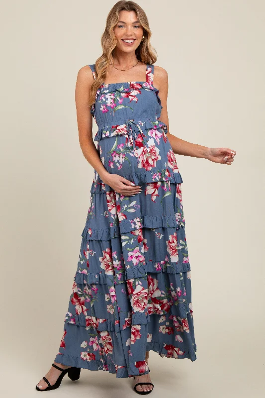 Blue Floral Sleeveless Tiered Maternity Maxi Dress Comfortable Casual Maxi Dress