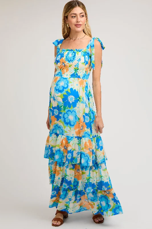 Blue Floral Smocked Shoulder Strap Maternity Maxi Dress Trendy Maxi Dress with Straps