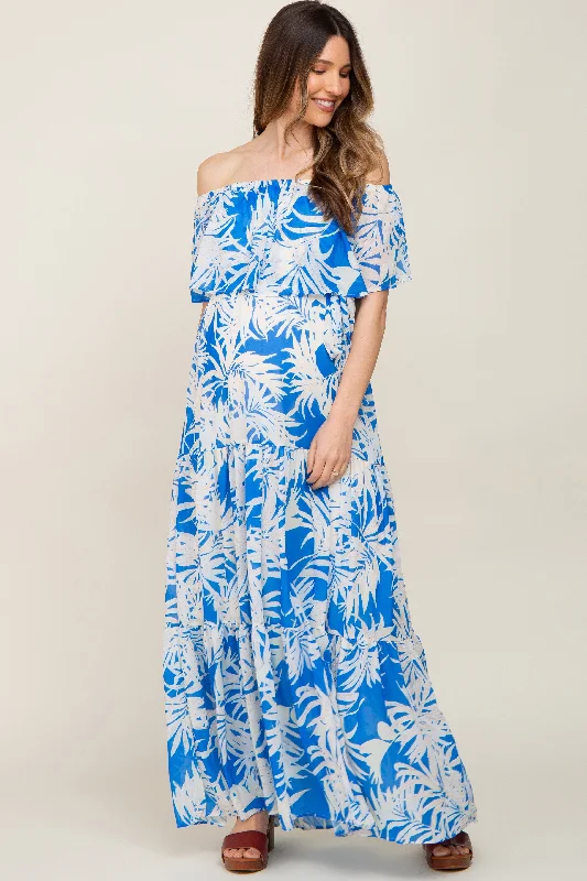 Blue Leaf Print Strapless Tiered Maternity Maxi Dress Comfortable Maxi Dress with Sleeves