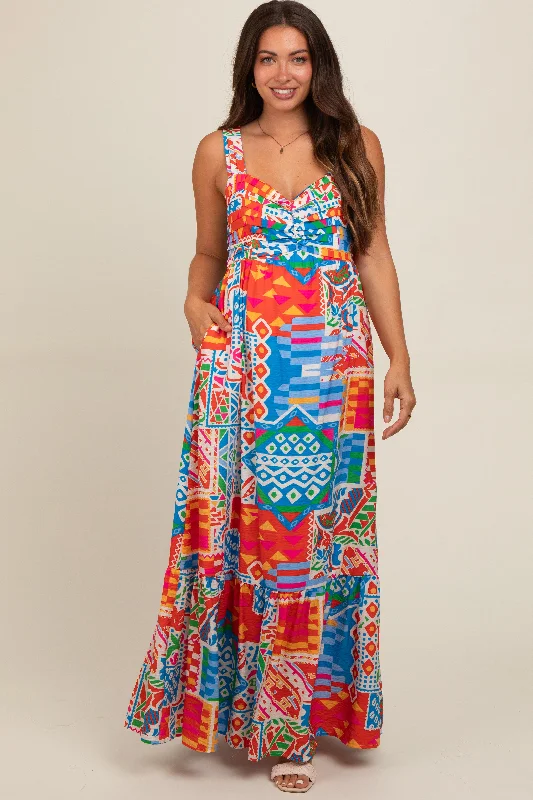 Blue Multi-Color Abstract Print Tiered Maternity Maxi Dress Cozy Longline Maxi Dress