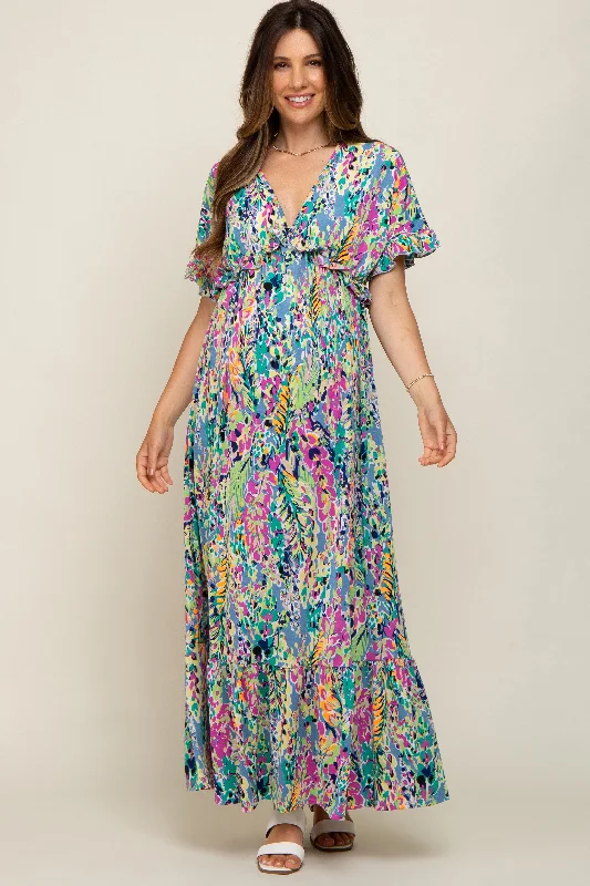 Blue Multi-Color Floral Ruffle Maternity Maxi Dress Cozy Knit Maxi Dress