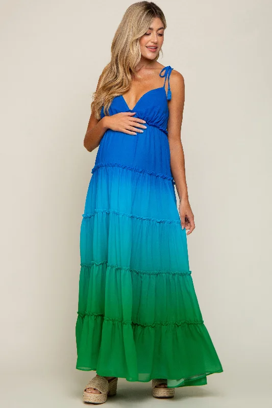 Blue Ombre Chiffon Shoulder Tie Tiered Maternity Maxi Dress Stylish Pleated A-Line Maxi Dress