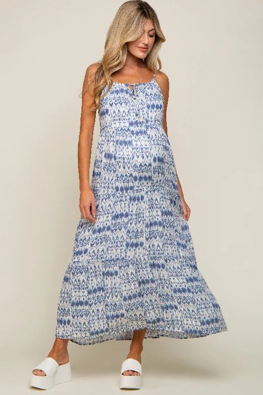 Blue Printed Tiered Maternity Maxi Dress Comfortable Ruffle Hem Maxi Dress