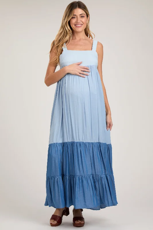 Blue Sleeveless Tiered Tie Back Maternity Maxi Dress Trendy Maxi Dress with Belt