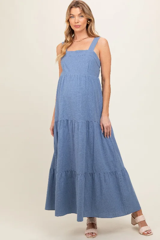 Blue Tiered Maternity Maxi Dress Stylish Boho Chic Maxi Dress