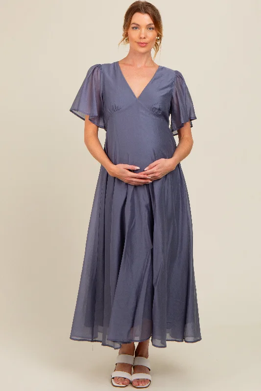 Blue V-Neck Flutter Sleeve Maternity Maxi Dress Classic V-Neck Maxi Dress