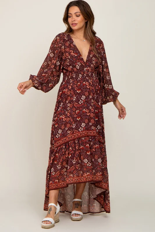 Brown Floral Hi-Lo Train Maternity Maxi Dress Cozy Longline Maxi Dress