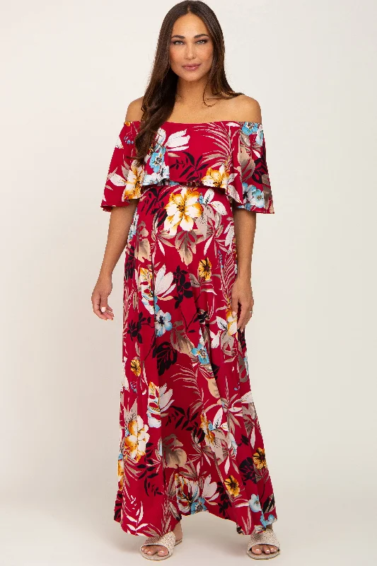 Burgundy Floral Flounce Off Shoulder Maternity Maxi Dress Comfortable Flowy Maxi Dress