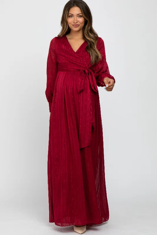 Burgundy Metallic Striped Chiffon Maternity Maxi Dress Classic V-Neck Maxi Dress