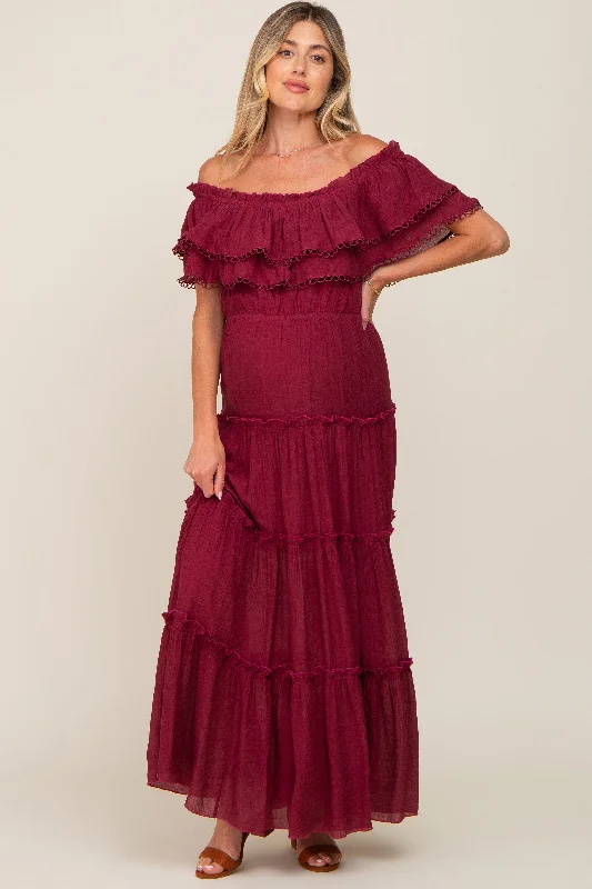 Burgundy Off Shoulder Eyelet Tiered Maternity Maxi Dress Comfortable Casual Maxi Dress