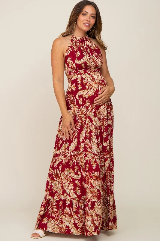 Burgundy Palm Open Back Halter Tiered Maternity Maxi Dress Elegant Maxi Dress with Belt