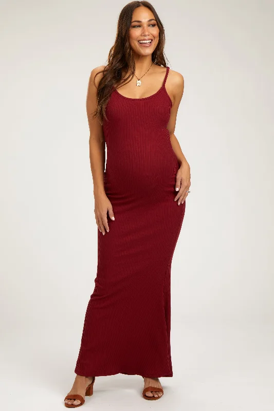 Burgundy Ribbed Maternity Maxi Dress Elegant Maxi Dress with Drapes