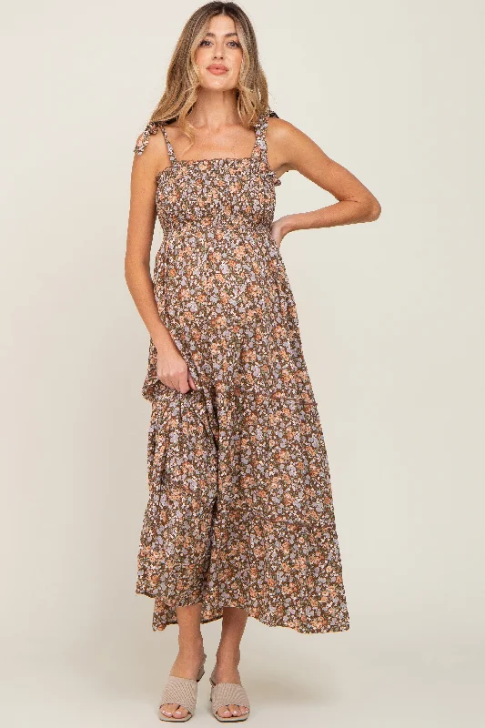 Camel Floral Sleeveless Tiered Maternity Maxi Dress Stylish Maxi Dress with Pleats