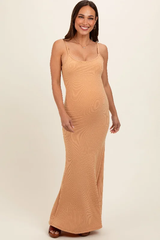 Camel Sleeveless Ribbed Maternity Maxi Dress Comfortable Maxi Dress with Belt