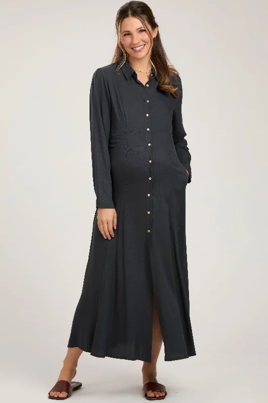 Charcoal Collared Button Down Long Sleeve Maternity Maxi Dress Trendy Floral Print Maxi Dress