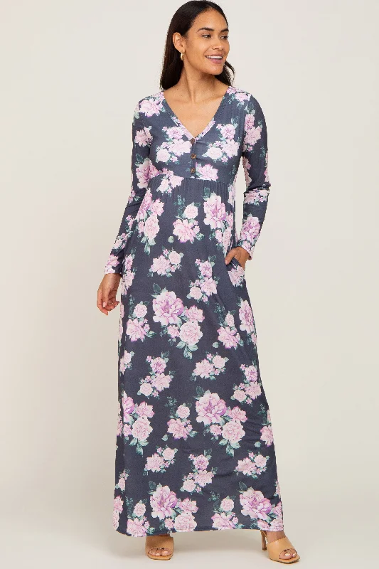 Charcoal Floral Button Front Maternity Maxi Dress Comfortable Casual Maxi Dress