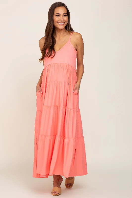 Coral Pink Tiered Sleeveless Maternity Maxi Dress Fashionable Open-Back Maxi Dress