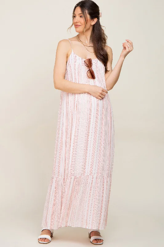 Coral Striped Sleeveless Maternity Maxi Dress Fashionable Maxi Dress with Fringe