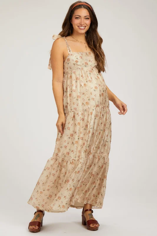 Cream Floral Shoulder Tie Tiered Maternity Maxi Dress Comfortable Fit-and-Flare Maxi Dress