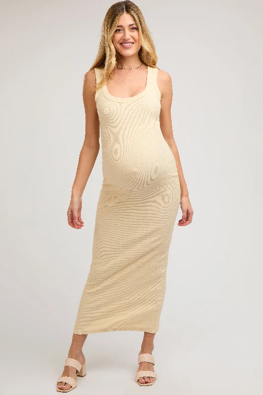 Cream Rib Knit Maternity Maxi Dress Chic Off-Shoulder Maxi Dress