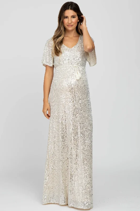 Cream Sequin Short Sleeve Maternity Maxi Dress Trendy Off-Shoulder Ruffle Maxi Dress