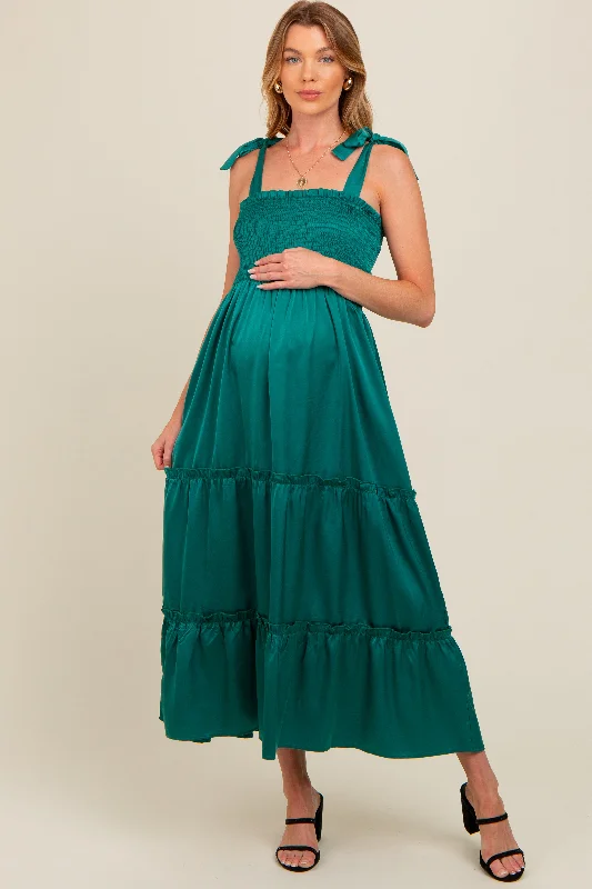 Forest Green Satin Smocked Maternity Maxi Dress Trendy Fit-and-Flare Maxi Dress