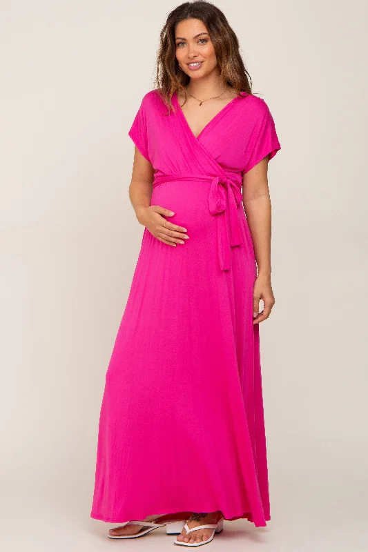 Fuchsia Basic Maternity Wrap Maxi Dress Fashionable Asymmetrical Maxi Dress