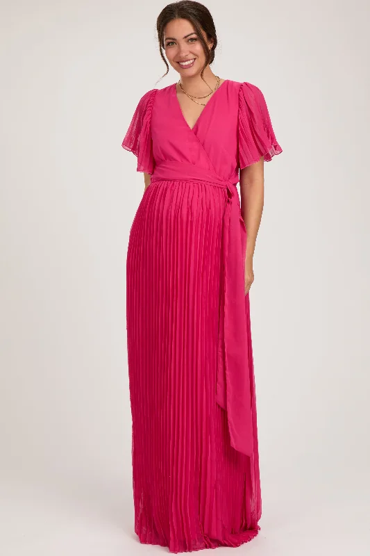 Fuchsia Chiffon Wrap Front V-Neck Short Sleeve Pleated Maternity Maxi Dress Trendy Ruffled Maxi Dress