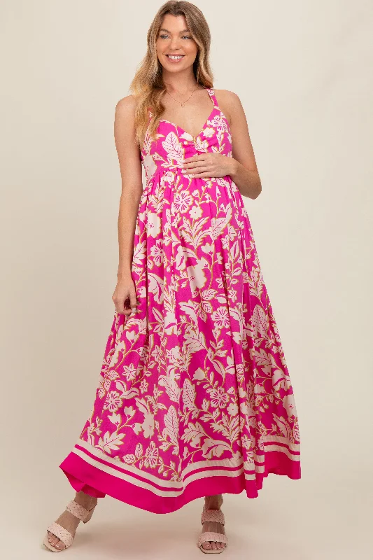 Fuchsia Floral Cutout Back Tie Maternity Maxi Dress Elegant Floral Maxi Dress