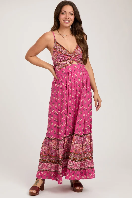 Fuchsia Floral Cutout Maternity Maxi Dress Fashionable Halter Neck Maxi Dress