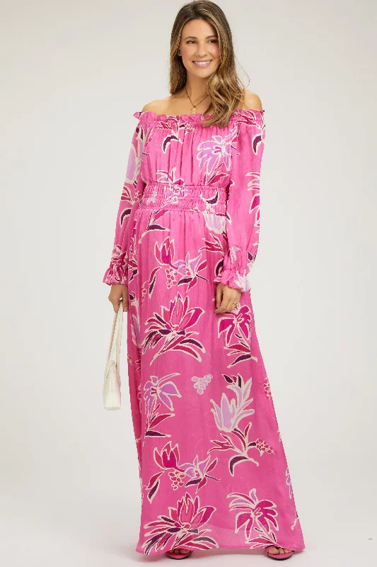 Fuchsia Floral Ruffle Neck Maternity Maxi Dress Chic Summer Maxi Dress