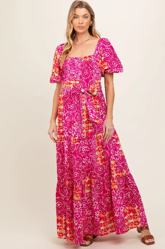 Fuchsia Floral Smocked Short Puff Sleeve Tiered Maternity Maxi Dress Elegant Maxi Dress with Slit