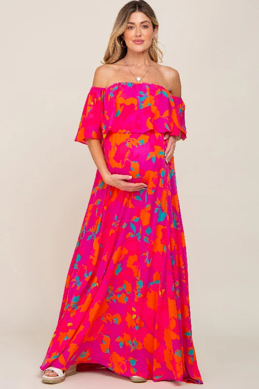 Fuchsia Floral Strapless Flounce Maternity Maxi Dress Stylish Maxi Dress with Frills