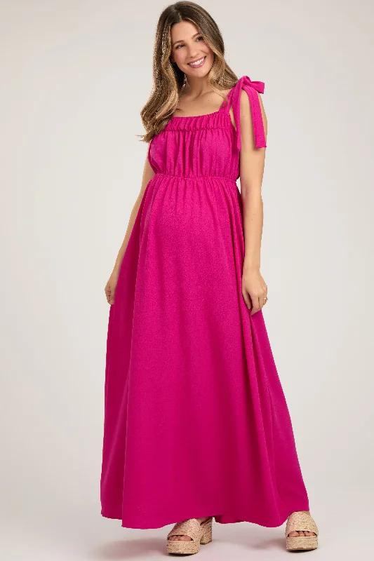 Fuchsia Square Neck Shoulder Tie Maternity Maxi Dress Comfortable Maxi Dress with Slits