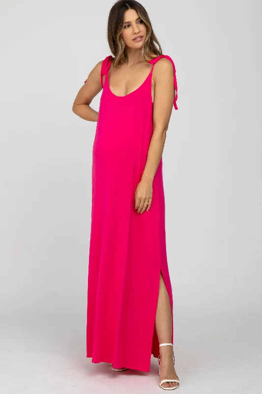 Fuchsia Tie Strap Side Slit Maternity Maxi Dress Comfortable Bohemian Maxi Dress