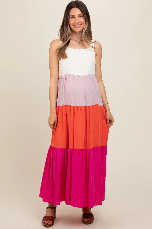 Fuchsia Tiered Colorblock Maternity Maxi Dress Stylish Off-Shoulder Maxi Dress