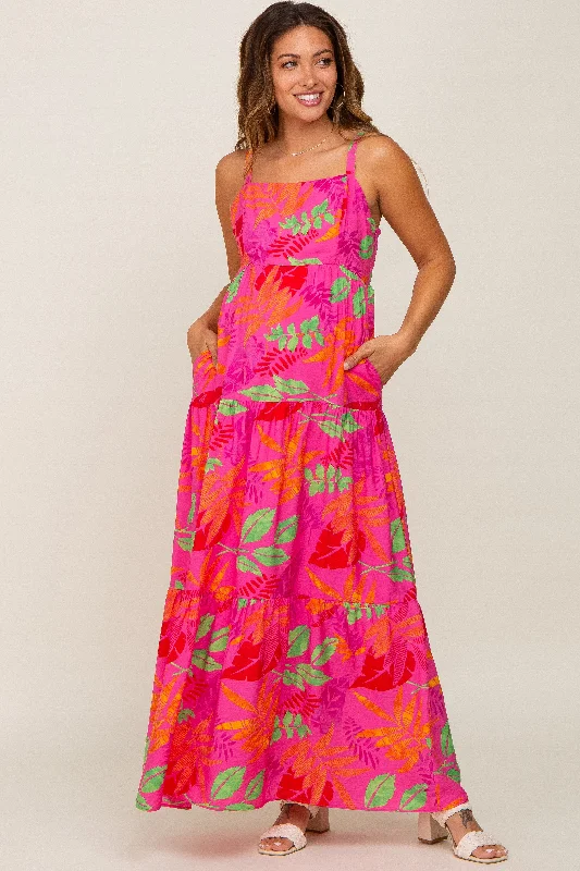 Fuchsia Tropical Leaf Print Maternity Maxi Dress Casual Maxi Dress with Pockets